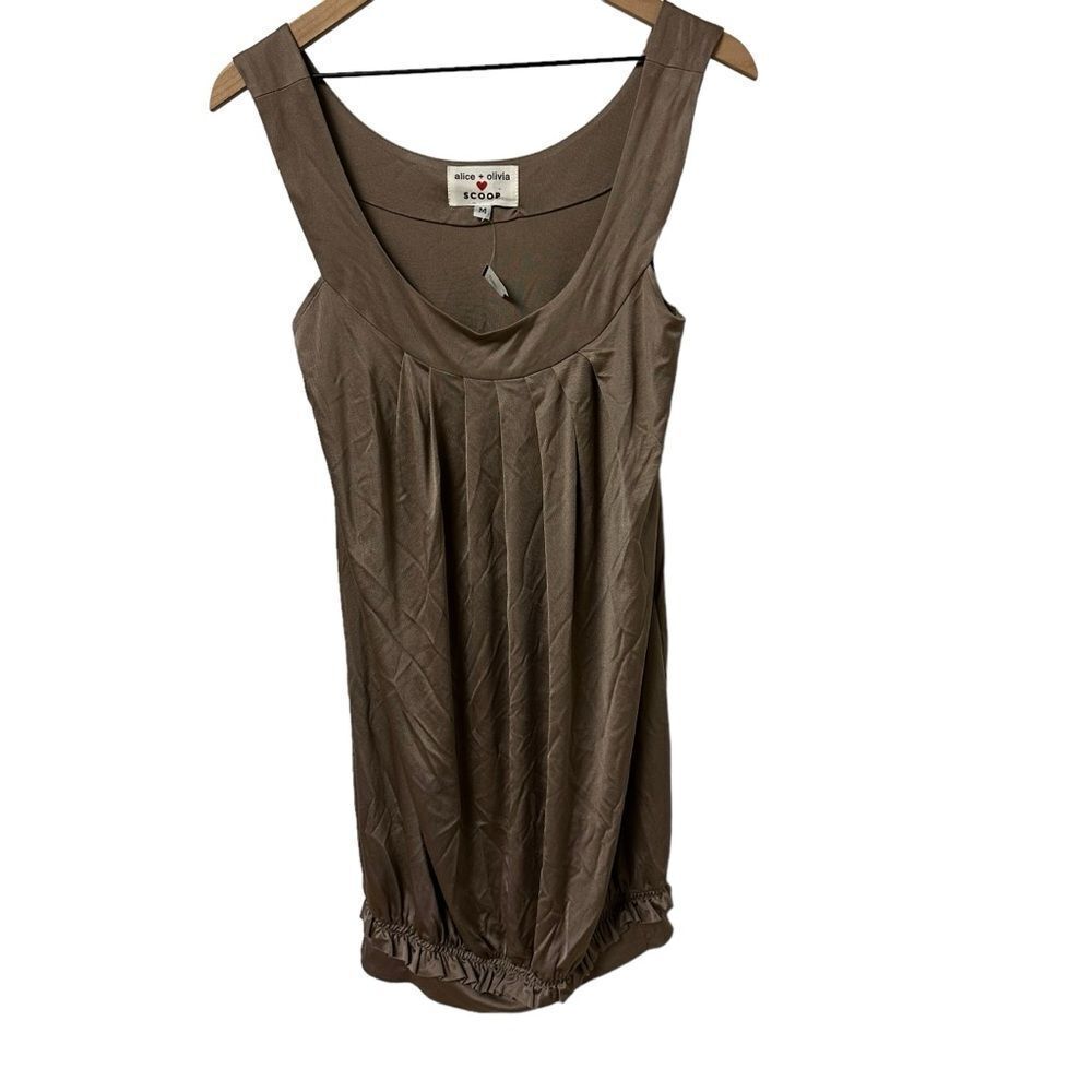 Alice and Olivia Scoop Mini Dress M Silk Cinched Bottom Tank Silver Tan/Gray NWT